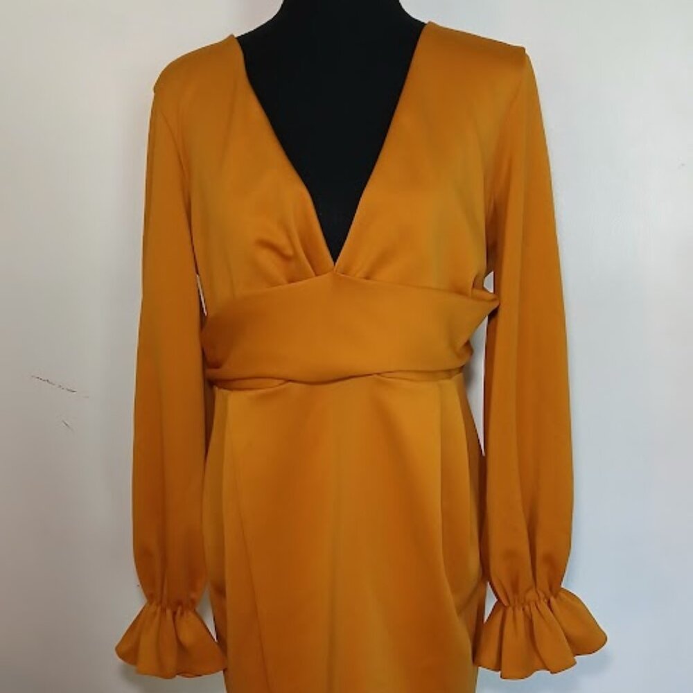 ASOS DESIGN Petite wrap plunge mini dress with flute sleeve in mustard Size 12